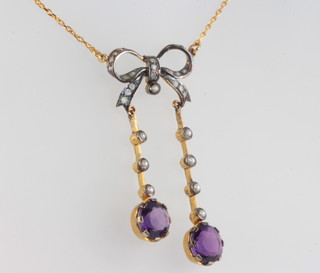 An Edwardian style silver gilt amethyst and seed pearl necklace 