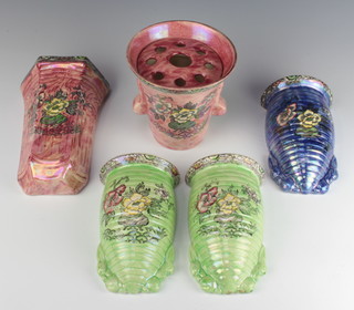 A pair of Arthur Wood Astorian pattern wall pockets decorated with flowers 18cm, a blue ditto 18cm, a 2 handled vase with plant divider and a pink wall pocket decorated with flowers 