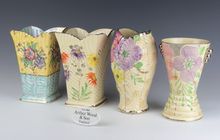 An Arthur Wood square tapered vase decorated with flowers 22cm, 3 others 21cm and an Arthur Wood and Sons advertising plaque 