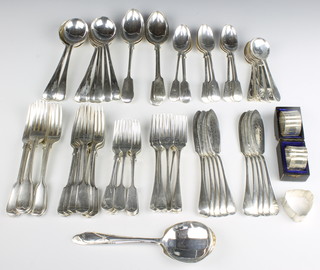 Three Edwardian silver plated triangular napkin rings and minor plated cutlery