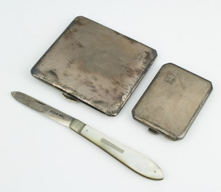 A silver engine turned cigarette case Birmingham 1934, a ditto matchbook holder and a fruit knife 120 grams