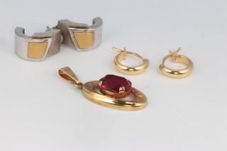A pair of 15ct yellow gold and silver earrings, a pair of 9ct ditto and a pendant 