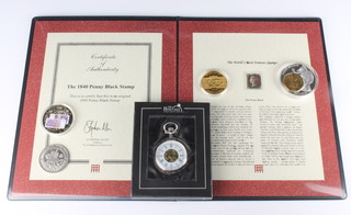 An 1840 Penny Black mounted in a folder with certificate and minor commemorative coins