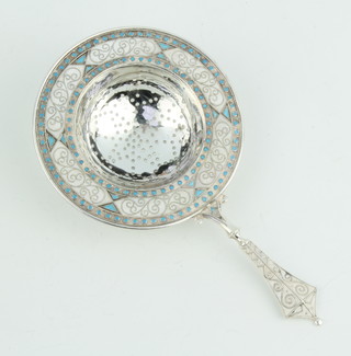 A 938 standard silver and enamelled strainer with wire work decoration 12cm, 42 grams