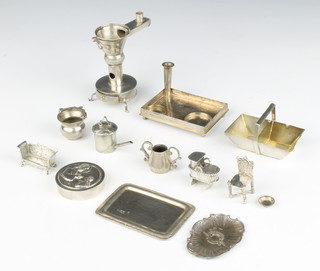 A Dutch silver miniature Rococo tray 5cm and a quantity of miniature silverware 