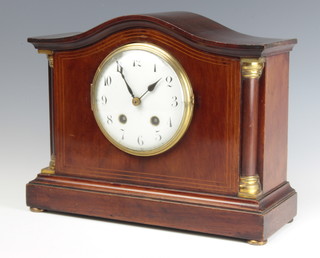 A Japy Freres Cie 19th Century 8 day striking mantel clock with enamelled dial and Roman numerals contained in an arch shaped inlaid mahogany case complete with pendulum and key 