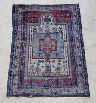 A brown, blue and white ground Caucasian prayer rug 136cm x 97cm (in-wear) 