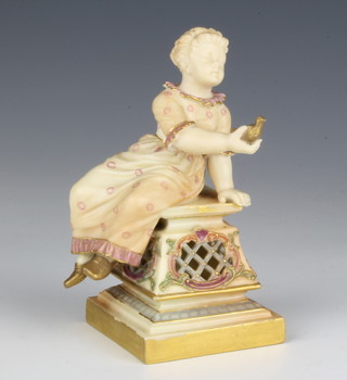 A Royal Worcester figure of a young lady holding a bird sitting on a plinth with reticulated base no.1952 14cm 