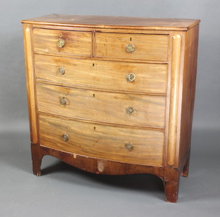 A 19th Century bleached mahogany bow front chest of 2 short and 3 long drawers with brass ring drop handles, raised on bracket feet 112cm h x 108cm w x 49cm d 