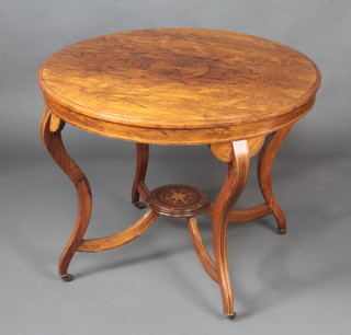 A circular Victorian inlaid rosewood occasional table raised on 4 cabriole supports with X framed stretcher and circular undertier 70cm h x 89cm diam. 