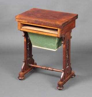 A Victorian rectangular rosewood work table with hinged lid, the base fitted a deep basket and raised on pierced panel supports (drawer missing) 74cm h x 53cm w x 38cm d 
