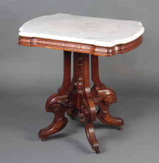 A Victorian carved walnut pedestal table with shaped white veined marble top raised on turned column and shaped supports 75cm h x 77cm w x 54cm d 