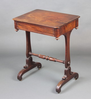 A rectangular Regency mahogany work table fitted a drawer, raised on standard end supports with turned H framed stretcher 73cm h x 58cm w x 45cm d 