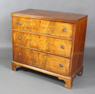 A 19th Century mahogany chest of 3 long drawers with brass ring drop handles, raised on bracket feet 94cm h x 99cm w x 49cm d 
