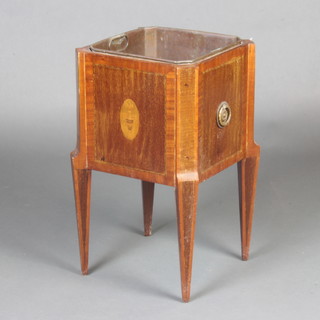 An Edwardian square inlaid mahogany planter decorated a lidded urn, raised on squared supports 51cm h x 30cm 