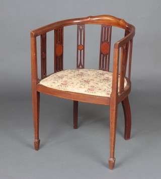 An Edwardian inlaid mahogany tub back chair with upholstered seat, raised on square tapered supports, spade feet 