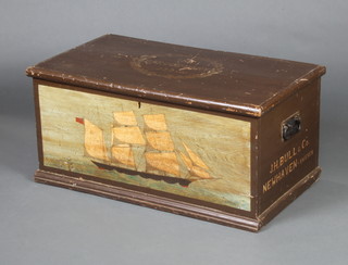 A Victorian painted pine trunk with hinged, the top painted the Barque May, the front decorated a 3 masted sailing ship, the sides painted J H Bull & Co. Newhaven Sussex established 1883 (later painted) 37cm x 79cm x 43cm 