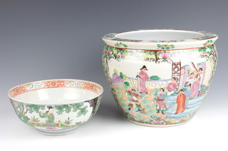 A modern famille rose style goldfish bowl decorated with panels of figures amongst flowers 23cm, a ditto bowl decorated with figures in pavillions 25cm 