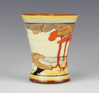 A Clarice Cliff Bizarre Coral Firs tapered vase no.572, 10cm printed marks and capital S to base