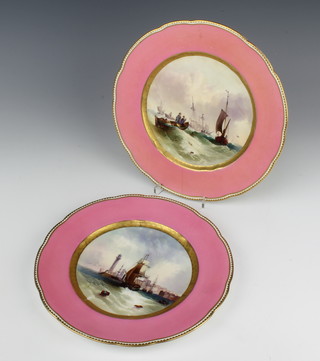 A pair of Edwardian Copeland dessert plates decorated with a view of Margate and wreck of a merchantman sailing ship  24cm 