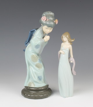 A Lladro figure of a Japanese girl 27cm, ditto lady with a shawl 20cm 