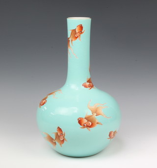 An 18th Century style turquoise ground bottle vase decorated with carp and with red 4 character mark to the base 31cm 