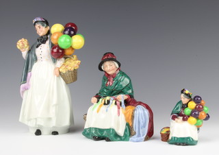 Three Royal Doulton figures - The Old Balloon Seller HN2129 9cm, Silks and Ribbons HN2107 14cm and Biddy Pennyfarthing HN1843 21cm 