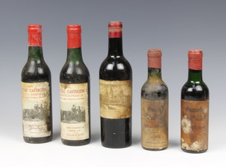 A half bottle 1926 Cos D'estournel 1926, two 1/2 bottles of 1966 Chateau Castegens Bordeaux Superieur (shipped by Peter Dominic), two 1/4 bottles of Medoc (shipped by Brown and Pink Ltd London)