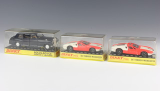 Two Dinky Toys no.187 De Tomaso-Mangusta, boxed, (some paint to loss to both and plastic boxes are damaged) together with a 152 Dinky Rolls Royce Phantom 5 limousine (some light scratches to paint work and crack to box) 