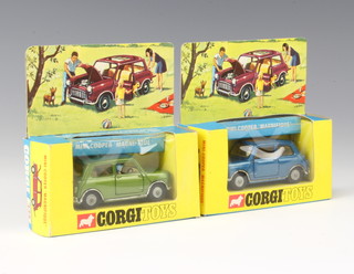 Two Corgi Toys no.334 Mini Cooper "Magnifique" model cars in blue and green, boxed 
