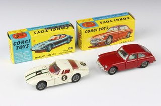 A Corgi Toys. no. 327 MGB GT model car, boxed and with club leaflet, together with a boxed white 324 Marco 1800 GT with green racing stripes