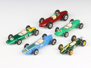 Three Dinky Toy model racing cars - no.240 Cooper racing car, no.241 Lotus, no.243 BRM racing car, a Lesney model racing car no.90, a Soledo Ferrari F1 racing car 