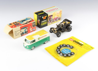 A Corgi Toys Classic model vintage car of a Model T complete with 2 figures boxed (the front axle is f) together with a Tekno model of a VW BP van boxed and 10 Corgi Golden Jack wheels
