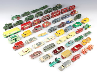 Approximately 55 Lesney model vehicles including buses, trolley buses, racing cars, ambulances, military vehicles, etc - all playworn