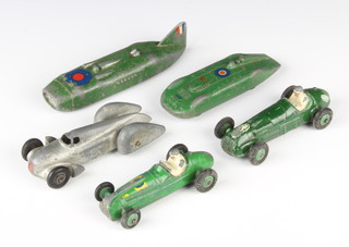 A Dinky Toys 23G Bristol Cooper model racing car, a Dinky H.W.M J23 model racing car, a Dinky MG Record car, a Dinky Thunderbolt racing car and 1 other model racing car, all playworn  
