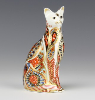 A Royal Crown Derby Imari pattern paperweight in the form of a seated cat with gold stopper 14cm 