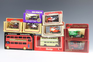 A WH Smiths & Sons model of a Routemaster bus, a Corgi model no.C528 Hamleys open top bus, 2 Matchbox models of Yesteryear, 4 Days Gone models and a Lledo model of a Cadbury's vintage van 