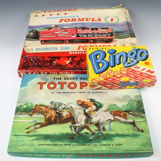 A 1960's Parker board game - Risk catalogue no.31161, a Waddington board game - Formula One boxed (box damaged),  1 other - Totopoly, do. Monopoly, original Bingo Game no.345 and a Sketch-A-Graph 