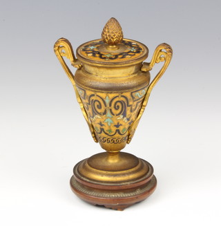 A 19th Century gilt bronze and champleve enamel twin handled inkwell with hinged lid 10cm x 4cm raised on a turned wooden base (liner missing) 