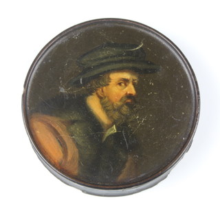 An 18th/19th Century circular lacquered jar and cover the lid decorated a figure of a bearded gentleman 2cm x 9cm  