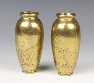 A pair of Japanese polished bronze vases decorated bamboo 13cm, 1 with hole to the base