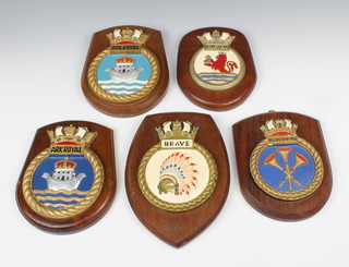 Five wooden and plaster Royal Naval ships plaques, Ark Royal x 2, Illustrious, Exeter and Brave 