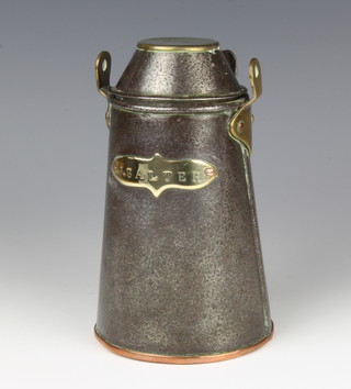 A 19th Century waisted metal flask/food carrier with copper base, brass plaque and lid marked J Salter 18cm h x 12cm diam. 
