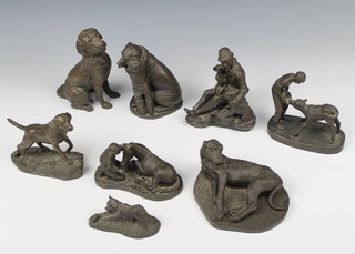 Seven various Heredities bronze figures - shepherd, Mike and mate, girl and foal, boy feeding calf, Yorkshire Terrier and frog, reclining Irish Wolfhound, seated dog and a Labrador (f)  