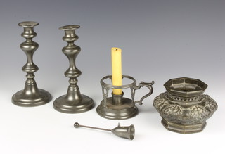 A pair of 19th Century pewter candlesticks with ejectors 18cm, a pewter chamber stick (glass shade missing and snuffer f) together with an Eastern octagonal squat bronze vase 10cm x 17cm  