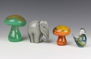 A Wedgwood paperweight in the form of an elephant 10cm, 2 glass paperweights in the form of toadstools and a ditto of a bird