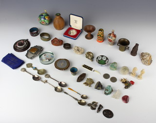 A section of polished hardstone 5cm, a silver and shell scent bottle 5cm, various curios etc 