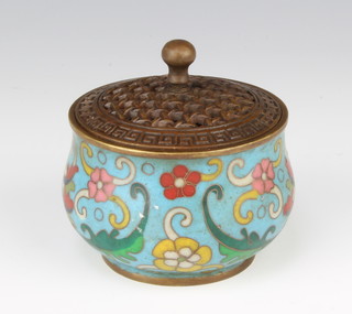 A Japanese bronze and cloisonne enamel incense burner with pierced lid, the base with seal mark 6cm x 9cm 