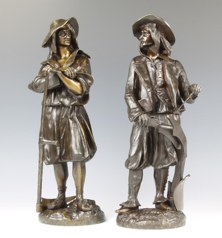 After E Bilvitr, a handsome pair of 19th Century bronze figures of standing Continental farmers, 1 with plough, 1 with scythe, raised on circular bases 43cm h x 13cm diam. 
