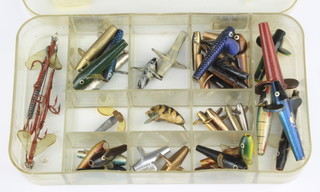 A vintage Mighty Tough lure box containing approx. 10 Hardy and 30 other old fishing lures